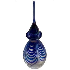 Vintage Cobalt Blue White Swirl Art Glass Perfume Bottle Golden Crown E&R